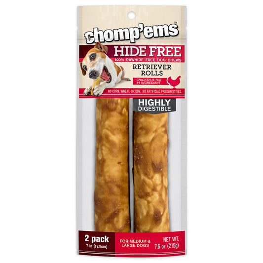 CHOMP EMS Chicken Hide Free Dog Chews - Rawhide Free Dog Treats - No Hide Alternative Chew Treat for All Life Stages Roll 7" 2 Count