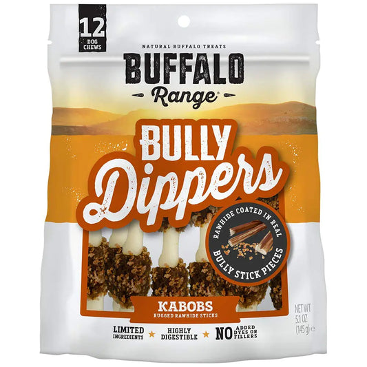 Buffalo Range Rawhide Dog Treats | Healthy Grass-Fed Buffalo Jerky Raw Hide Chews | Hickory Smoked Flavor | Jerky Kabob with Bullypiece | 12 Count