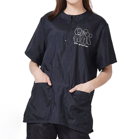 WAYUTO Short Sleeves Pet Grooming Smock with Zipper Dog Grooming Work Clothes with 2 Pockets Pet Grooming Shirt Dog Grooming Workwear for Pet Shop Men Women Poodle Large