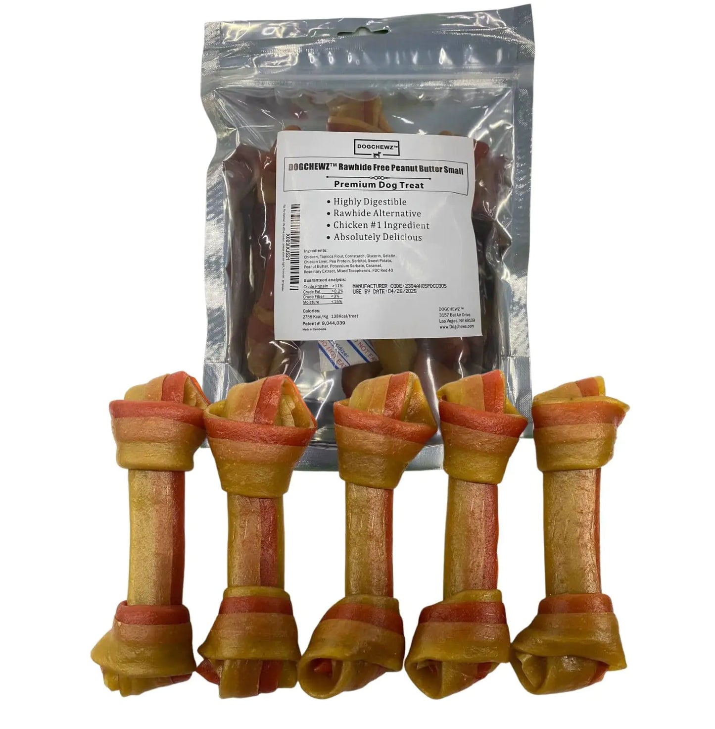 DOGCHEWZ™ Rawhide Free Knotted Bone Peanut Butter Small Dog Chew Treats 5" (5 Ct/Bag) - Chicken Flavor - Gluten Free