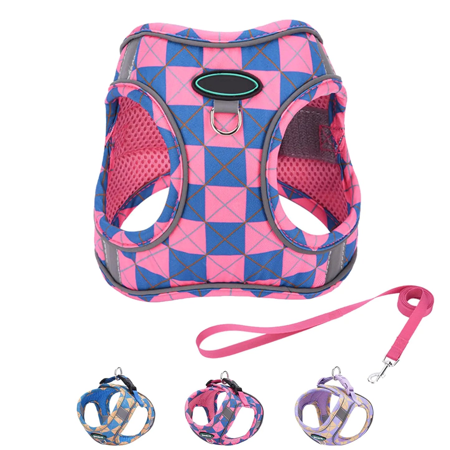 Step in Dog Harness and Leash Set Plaid Adjustable Easy Walk Puppy Harnesses Soft Mesh Pet Vest Harness Small Size Dog Adjustable No Pull Dog Harness for Small Medium Dogs(Blue Pink XS)