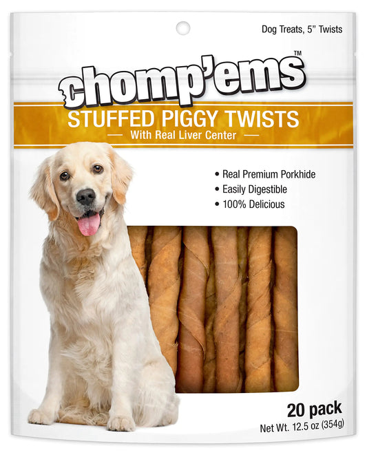 Chompems Pork Stuffed Piggy Twists 20 Pack - Healthy Protein Rich Treats for Dogs - Long Lasting Dog Chews
