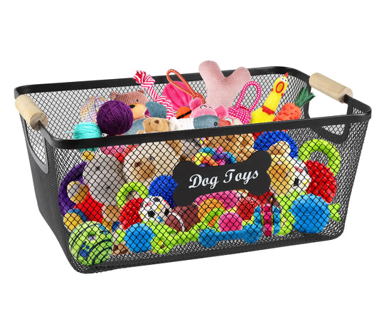 Brabtod Sturdy Dog Toys BasketMetal Dog Toy BinMesh Wire Basket with Wooden Handles for Dog ToysDog Toy Organization & StorageIdeal for Dog LeashBlanketToysSnacks-Chewproof-Black
