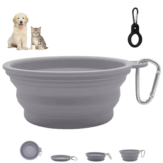 Collapsible Dog Bowl Travel Dog Water Bowl with Water Bottle Holder Silicone Portable Dog Food Bowl for Cats and Dogs Walking Hiking Camping (Gray 400 ml)