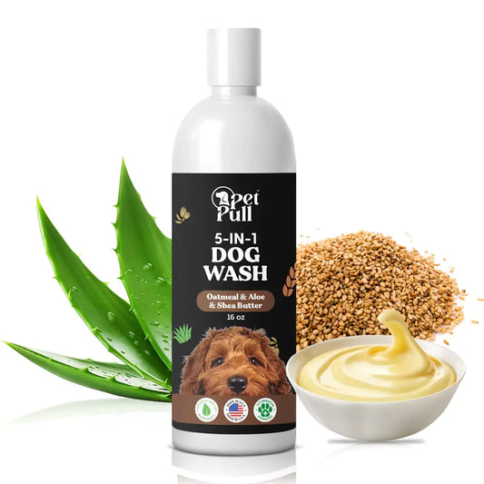 5-in-1 Dog Wash - Plant Based Dog Grooming Supplies for Dogs Cleanses - Skin Care Dog Wash Shampoo - Sulfate Free All Natural Puppy Wash Made in USA (16 Fl Oz) (Oatmeal Aloe Shea-Butter)