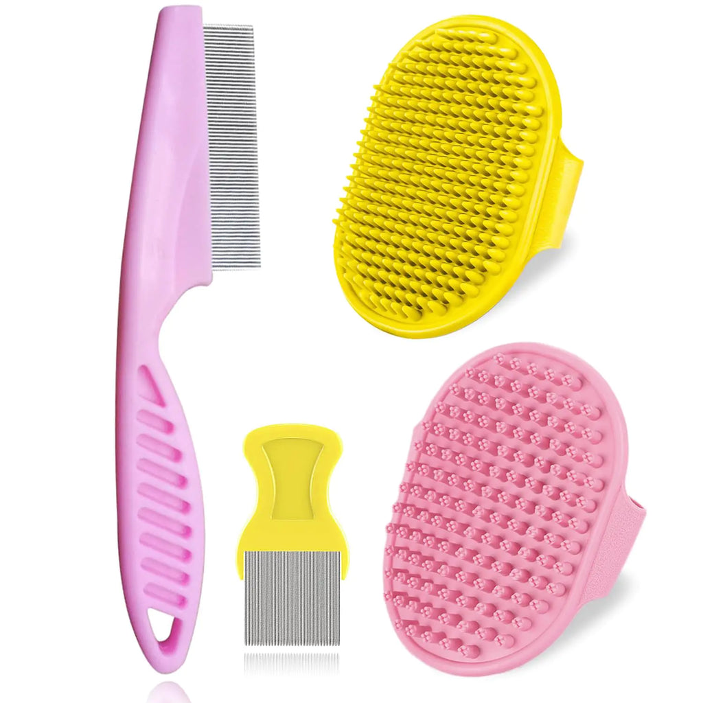 4Pack Pet Grooming Brush Kit Aoche Dog Bath Brush Flea Comb for Dogs Pet Shampoo Brush Soothing Massage Rubber Comb Flea Lice Comb Cat Tear Stain Comb Dog Brush for Shedding