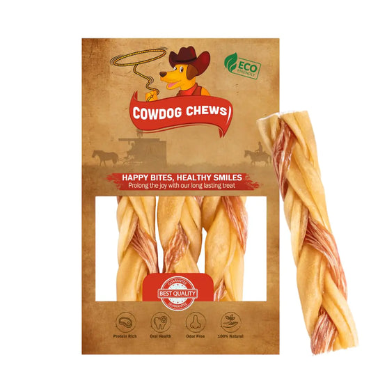 Collagen and Beef Braided Sticks Dog Treats 5-7" (3 Pack) - Odor-Free All Natural Dog Chews for Healthy Joints Skin & Coat. Best Rawhide and Bully Stick Alternative with Beefhide Goodness.