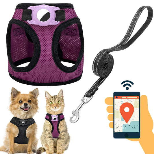 JVVGPET Dog Harness with Airtag Holder for Small Dogs Puppy Cats - No Pull Step in Small Dog Harness and Reflective Dog Leash Set for Walking Training Travel Grooming Outdoor