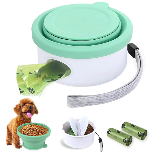 Beelike Travel Dog Bowls 3 in 1: Collapsible Silicone Bowl + 2 Compartment Bowl + Poop Bags Multifunctional Food Water Bowl for Walking Traveling Hiking Camping with Dogs (Green)
