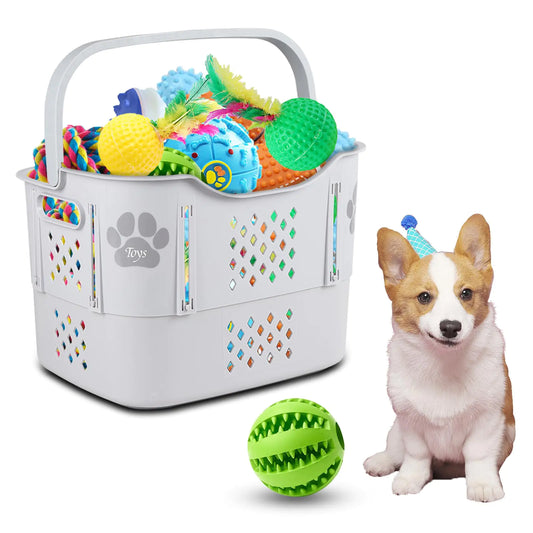 Lolytama Dog Toy Basket|Collapsible Dog Toy Basket|45.2qt/43l Dog Toy Basket Large|Foldable Pet Toy Basket Plastic with Comfort Handles|for Pet LeashBlanketsClothes or Accessory Storage Basket|Gray