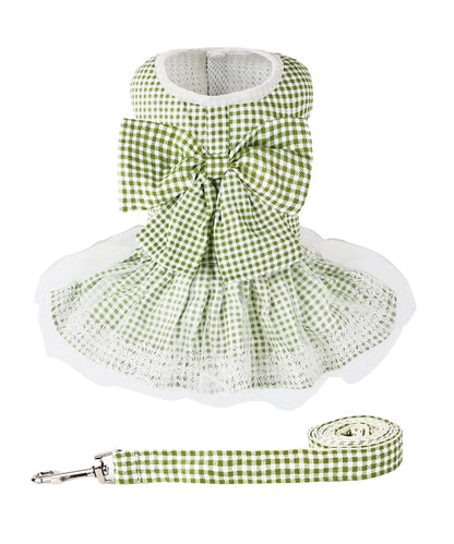 Dog Dress Plaid with Bowknot Cute Dress for Small Dog Cat Puppy Outfits with Harness Leash（ Green，X-Small ）
