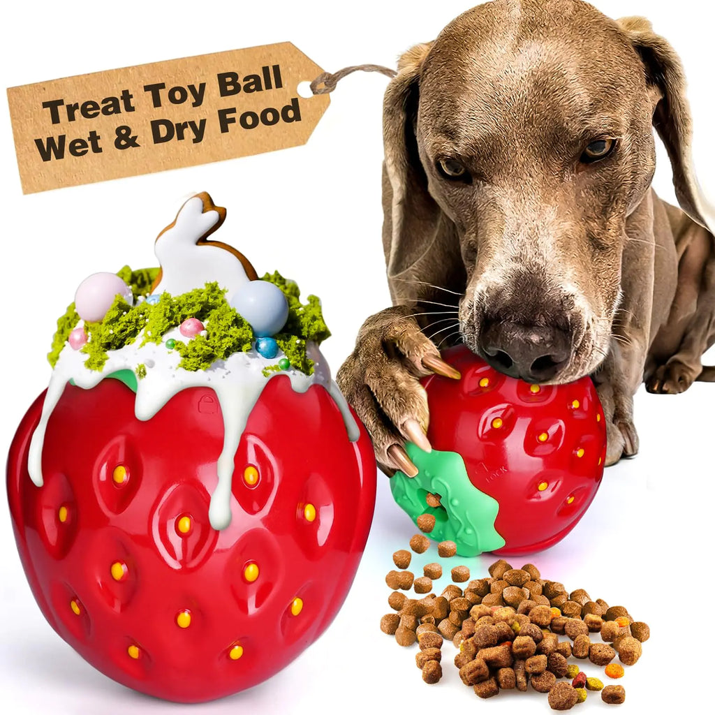 OSORD Treat Dispensing Dog Toys - Dog Treat Dispenser Toy Large Chew Toy Dog Enrichment Toys Dog Treat Ball Freezable Fillable Strawberry Interactive Dog Puzzle Toy For Puppy Large Medium Small Dogs
