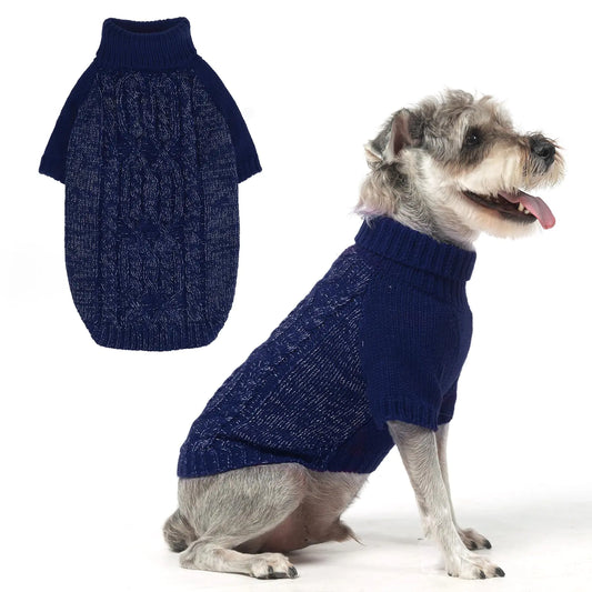 EXPAWLORER Thermal Knitted Dog Sweater for Small Medium Large Dogs Turtleneck Cable Knit Dog Cold Weather Clothes Sweatshirt Outfits for Winter Pullover Pet Jumper for Puppy Cats Navy L