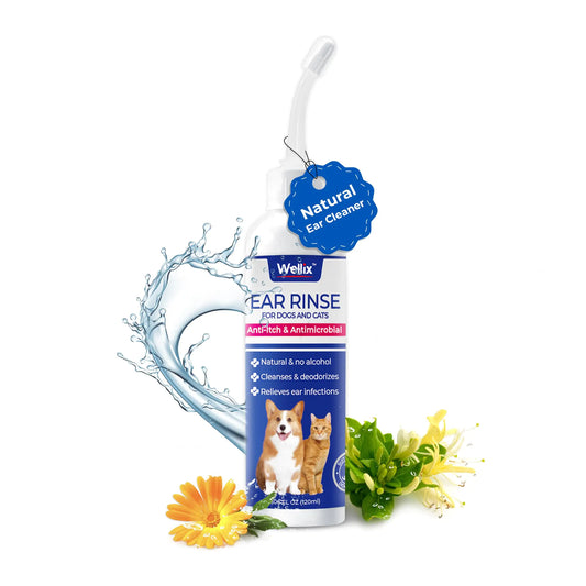 Wellix Ear Cleaner for Dog & Cat - Ear Infection Treatment Without Irritation - Dog Ear Wash for Itch Relief & Soothing Inflammation - Ear Wax Powder and Odor Removal Drops