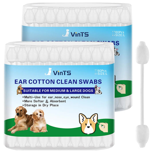 VinTS 120Pcs Cotton Dog Ear Cleaning Swabs2 Pack Dog Ear Infection Treatment Gourd-Shaped Ear SwabsSafer Cleaning for Dogs and Cats L Size 100% Cotton