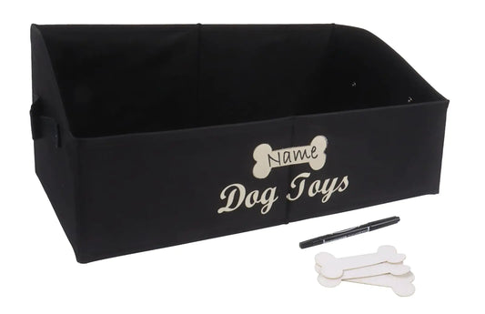 Brabtod Large Dog Toy Bin Collapsible Dog Toy Box Fabric Trapezoid Dog Toy Basket Storage for organizing pet Toys/Blankets/leashes/Rope Toys/Clothing-Can be Personalized-Black