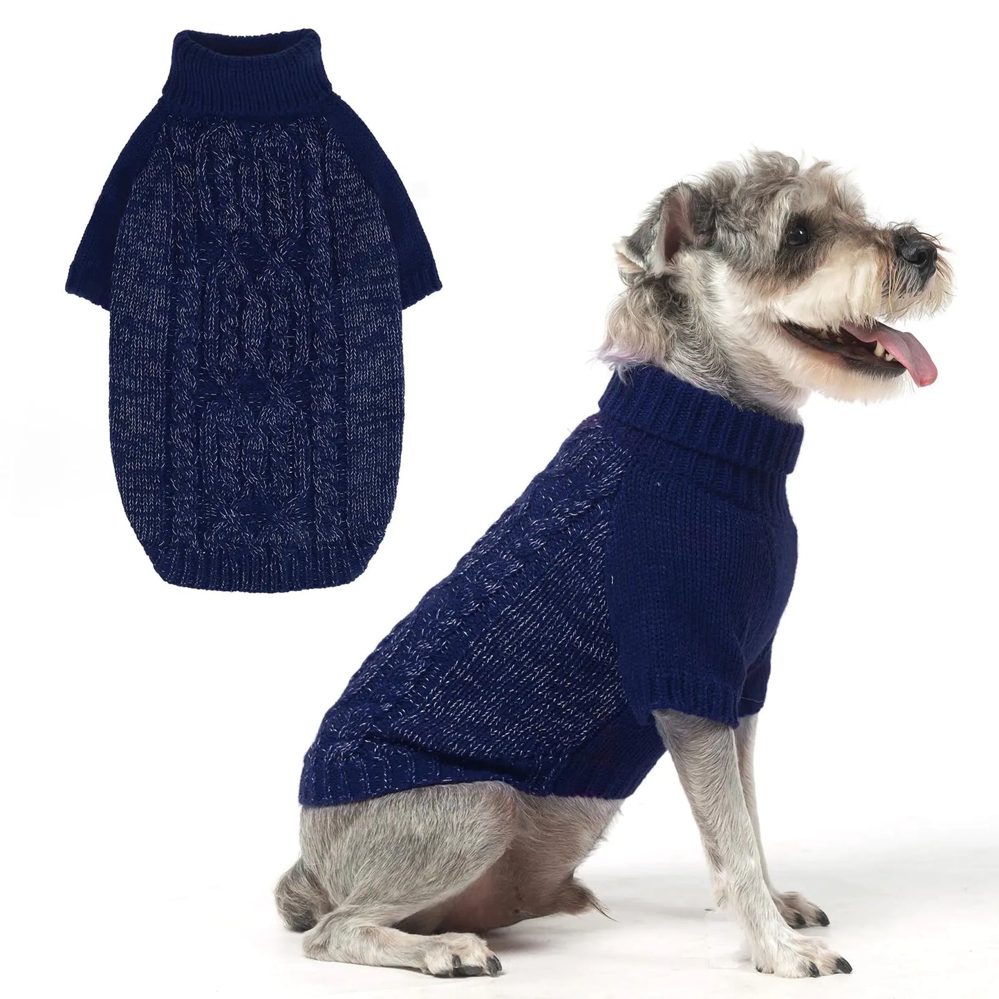 EXPAWLORER Thermal Knitted Dog Sweater for Small Medium Large Dogs Turtleneck Cable Knit Dog Cold Weather Clothes Sweatshirt Outfits for Winter Pullover Pet Jumper for Puppy Cats Navy L